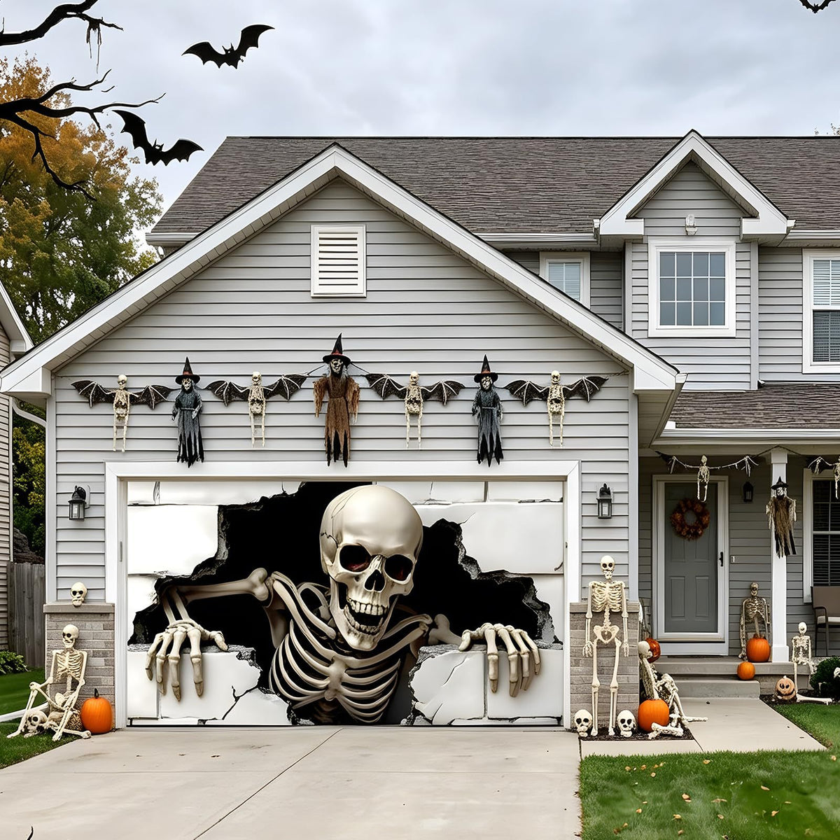 Großformatiger Halloween-Fotohintergrund aus wetterfestem Polyester mit geöstem Befestigungsrand und leuchtendem Haunted-House-Motiv
