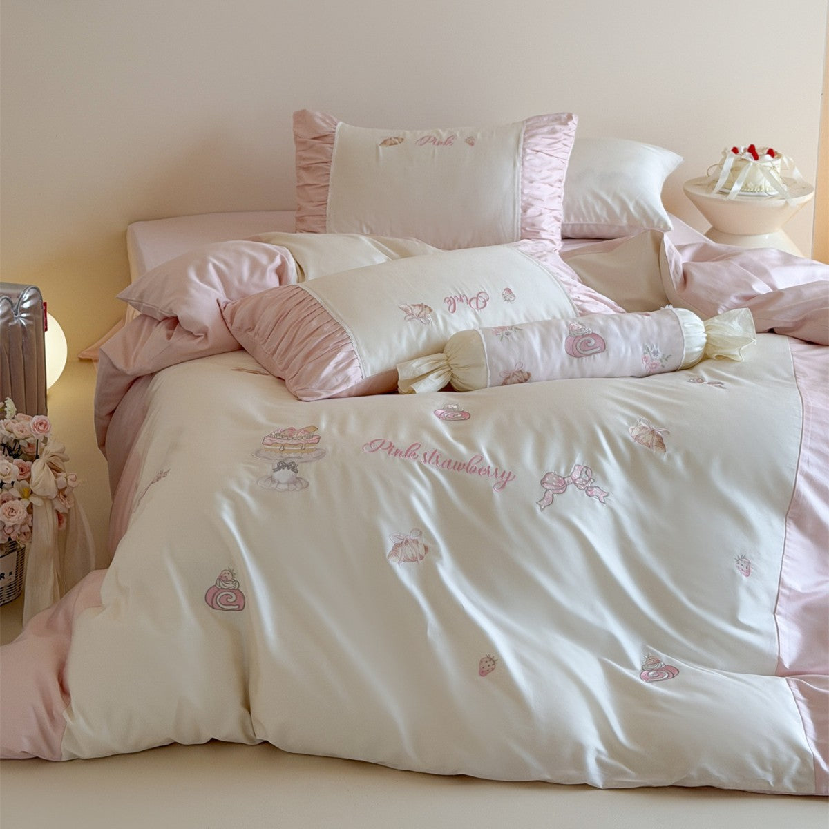 Pastell Erdbeer-Motiv Baumwoll-Satin Bettdeckenbezug Set mit Rüschenschonbezügen und dekorativem Bolster