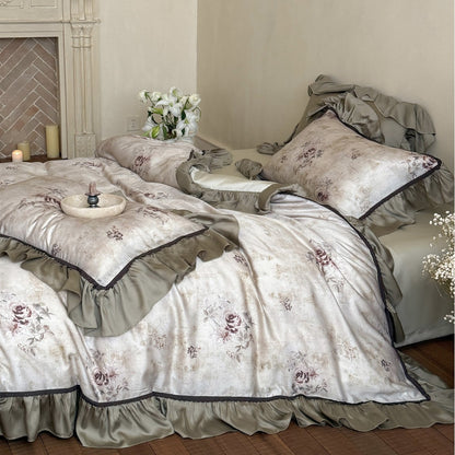 Vintage-Textur Floral Baumwoll-Bettbezug-Ensemble mit Rüschensatinrand