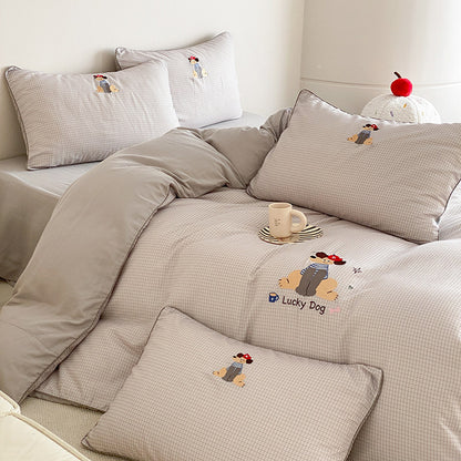 Bestickte Baumwoll-Bettwäsche Bettbezug-Set mit verspieltem Glückshund-Motiv