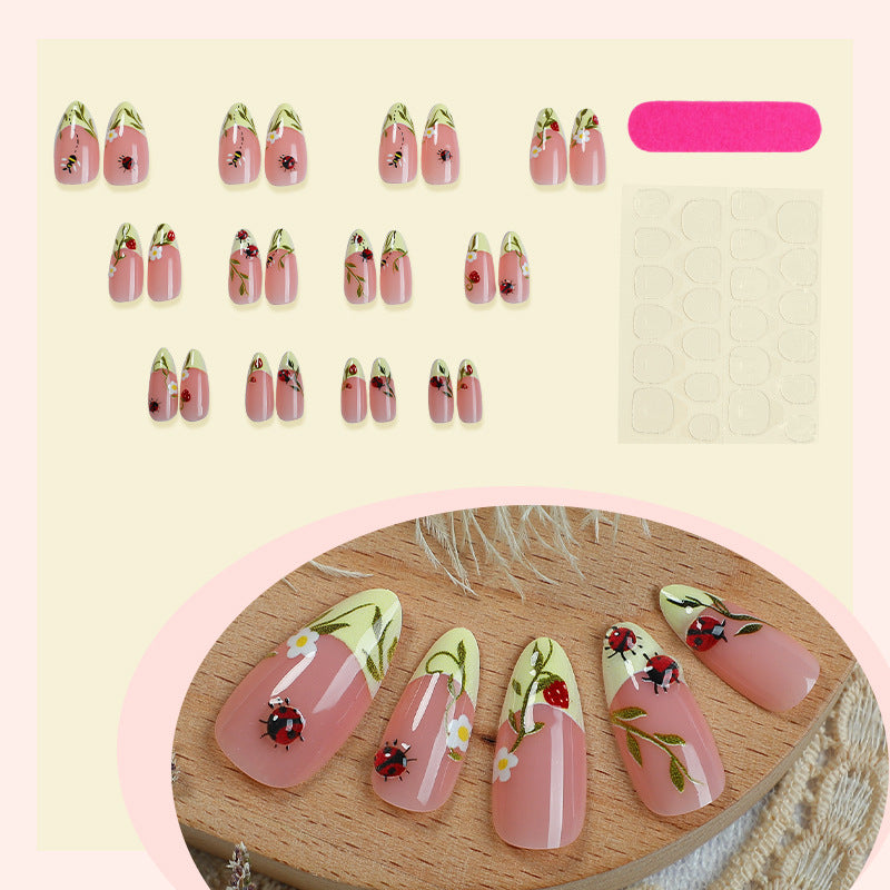 Floral Print Press-On Nails Set with Ladybug and Bee Designs Brehn