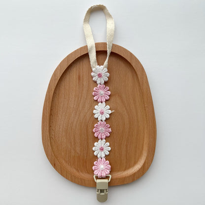 Bestickte Gänseblümchen Baumwoll-Schnullerkette mit Sicherheitsclip