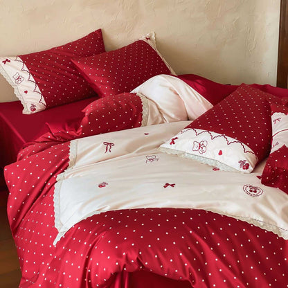 Bettwäsche-Garnitur im Landhausstil mit Pünktchen‑Design, Zierborte und Kopfkissen‑Set