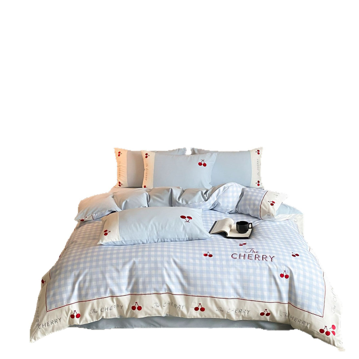 Bettwäsche-Garnitur mit Gingham-Karo und Kirsche-Stickerei