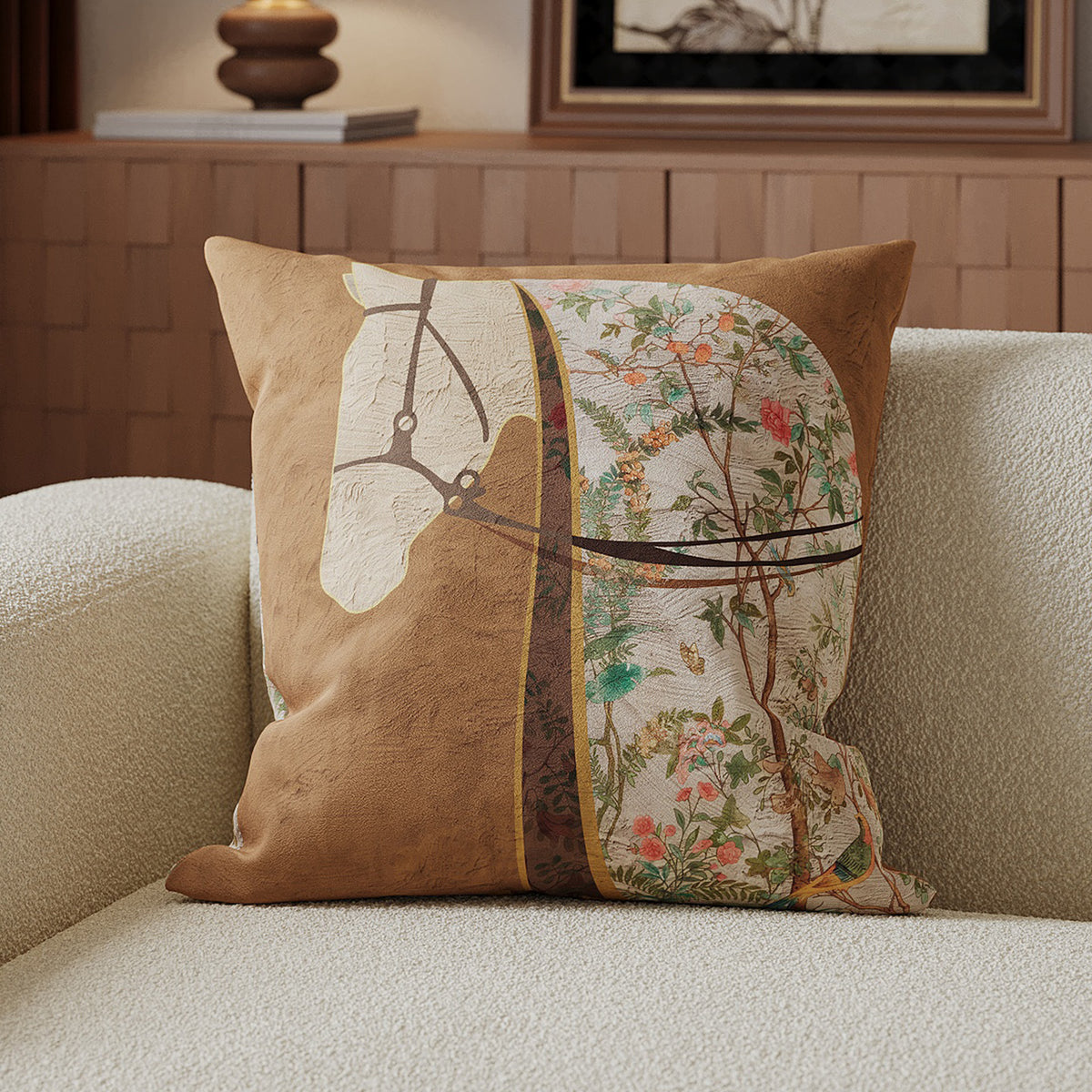 Decorative Velvet-Front Throw Pillow Cover with Unicorn Motif and Contrast Piped Edge