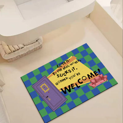 Retro Illustrated Welcome Doormat with Printed Door and Couch Design