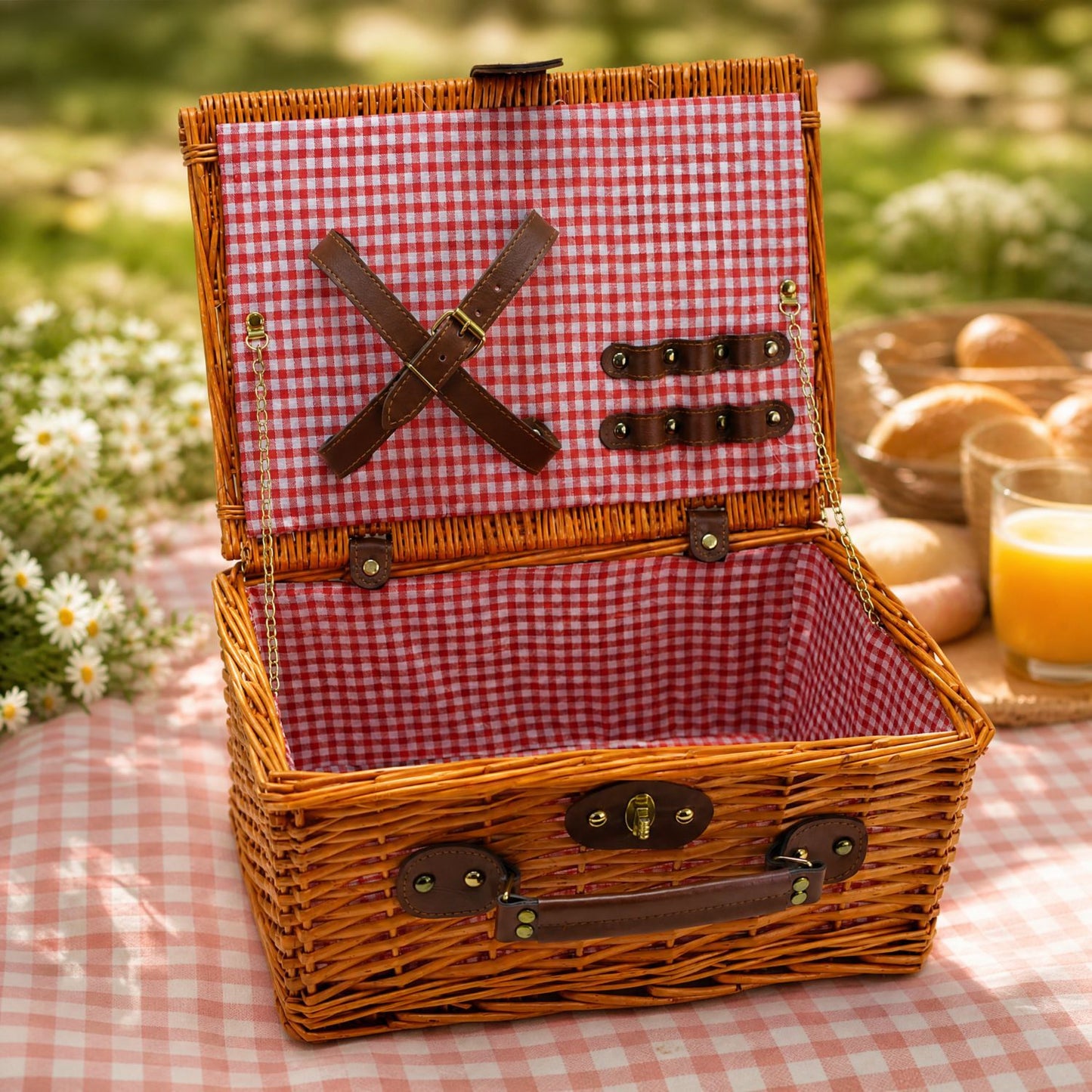 Damen Luxus Picknickkorb mit versetztem Geschirrfach und floralem Innenfutter Brehn