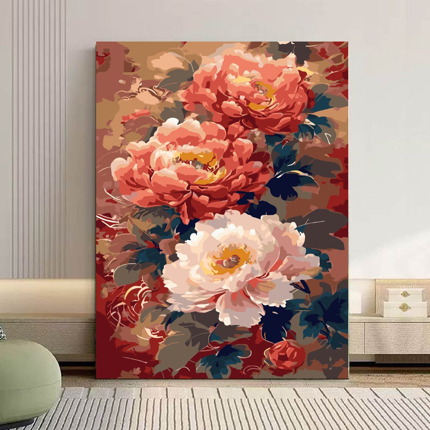 Gemütliche Katze und floral inspiriertes Leinwandkunstwerk Brehn