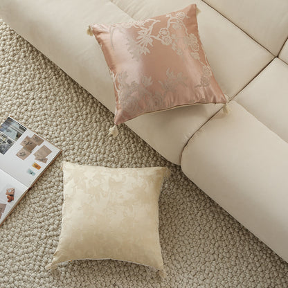 Quadratischer Jacquard-Kissenbezug aus Satin mit floraler Reliefstruktur und Quasten Brehn