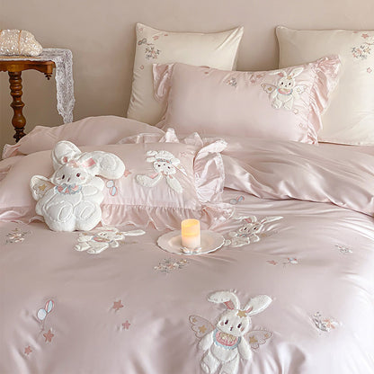 Bestickte Satin-Rüscheneinzelbettdeckenbezug-Set mit Bunny-Applikation