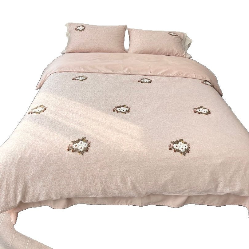 Besticktes Floral Cotton-Satin Bettbezug-Set mit Rock-Bettlaken und passenden Kissenbezügen
