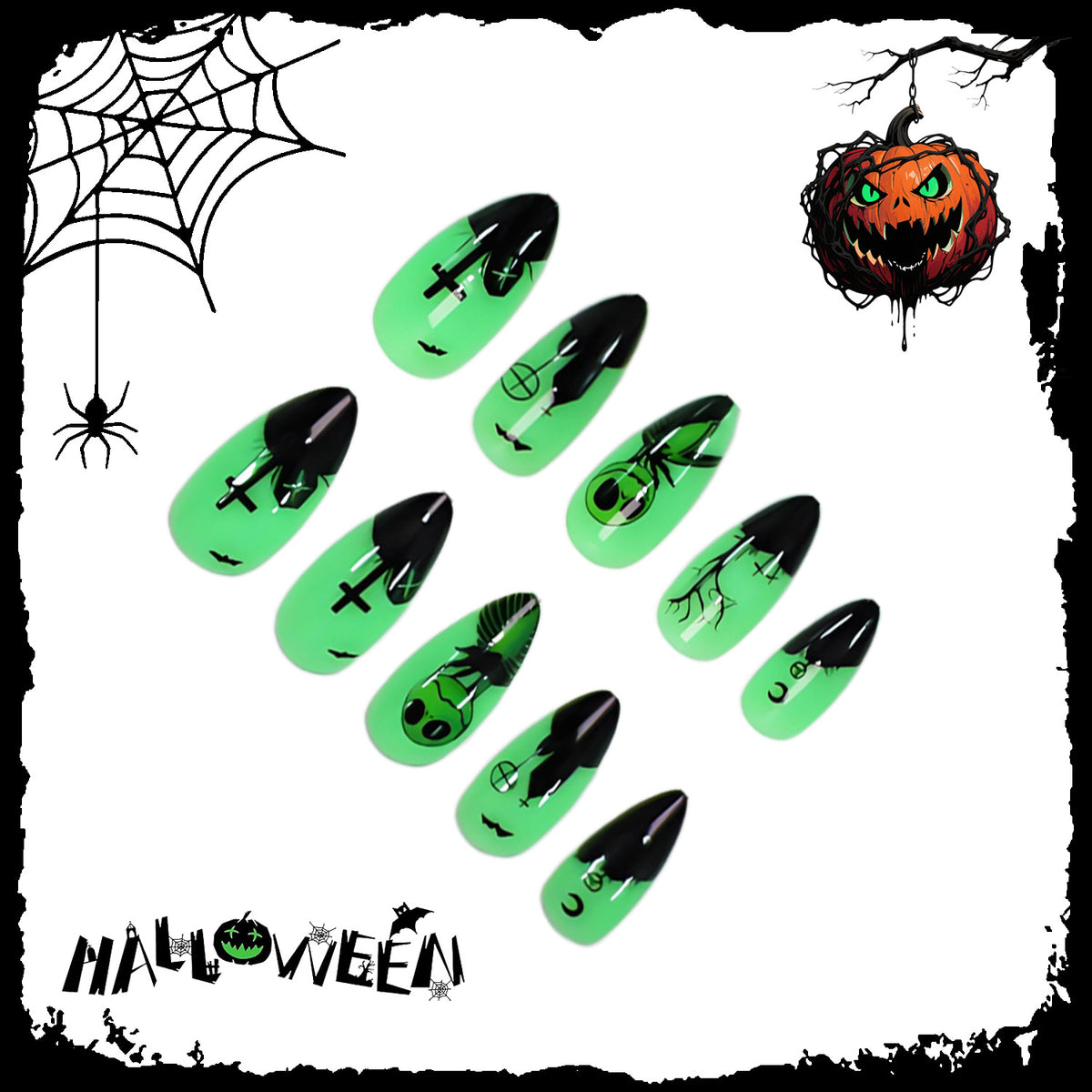 Halloween Kunstnagelset mit kreativen gruseligen Motiven Brehn