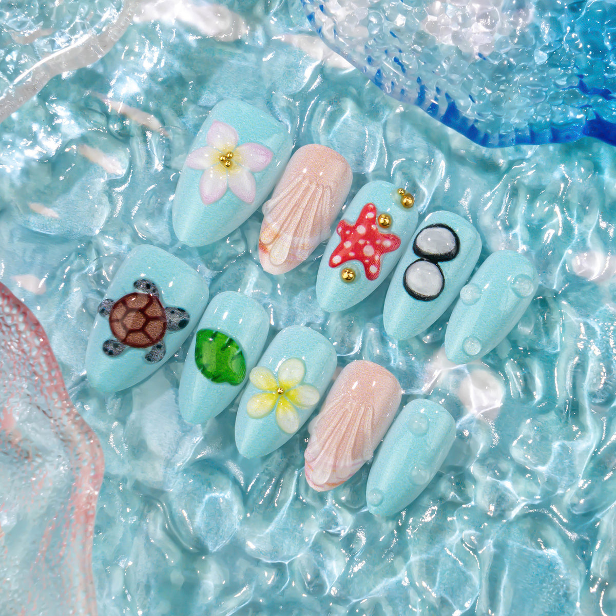 Künstlerisches, von Sommer inspiriertes Press-On Nagelkunst Set Brehn