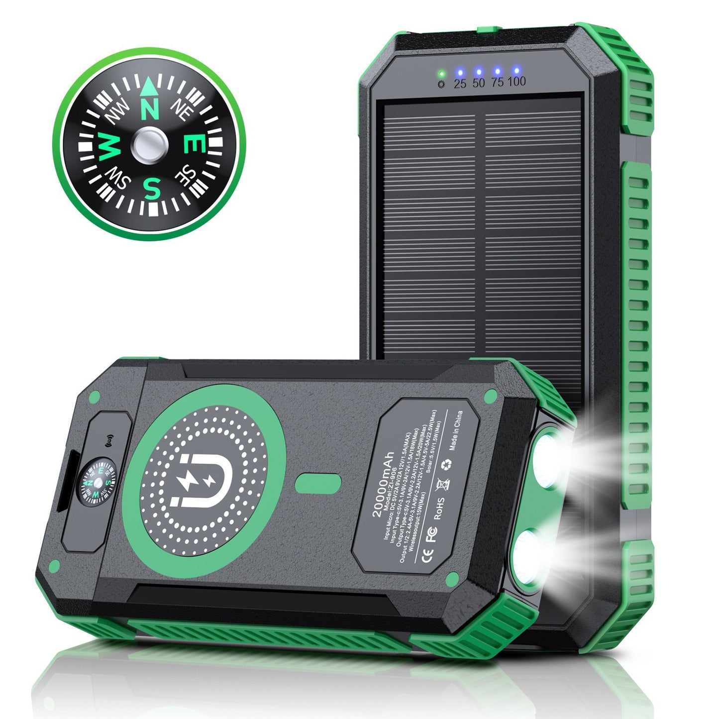 Tragbare Solar Powerbank mit LED-Licht und Kompass Brehn