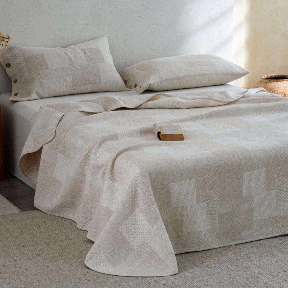 Wendbare Jacquard-Baumwoll-Bettüberwurfset mit Knopfverschluss-Kissenbezügen