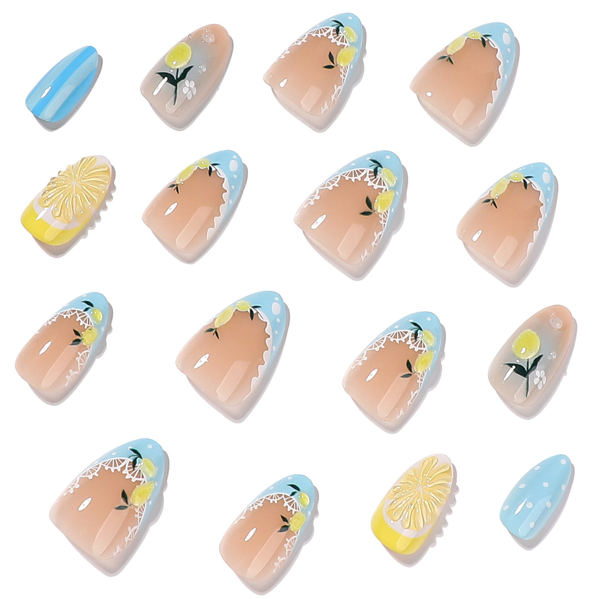Künstliche Nagelkunst mit Zitronen- und Blütenmotiven Brehn