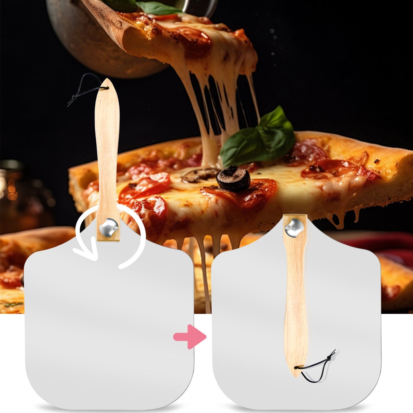 professionelles Pizzaschaufel-Set mit zusammenklappbarem Buchenholzgriff, Aluminium-Schaufel und Edelstahl-Rocker-Cutter Brehn