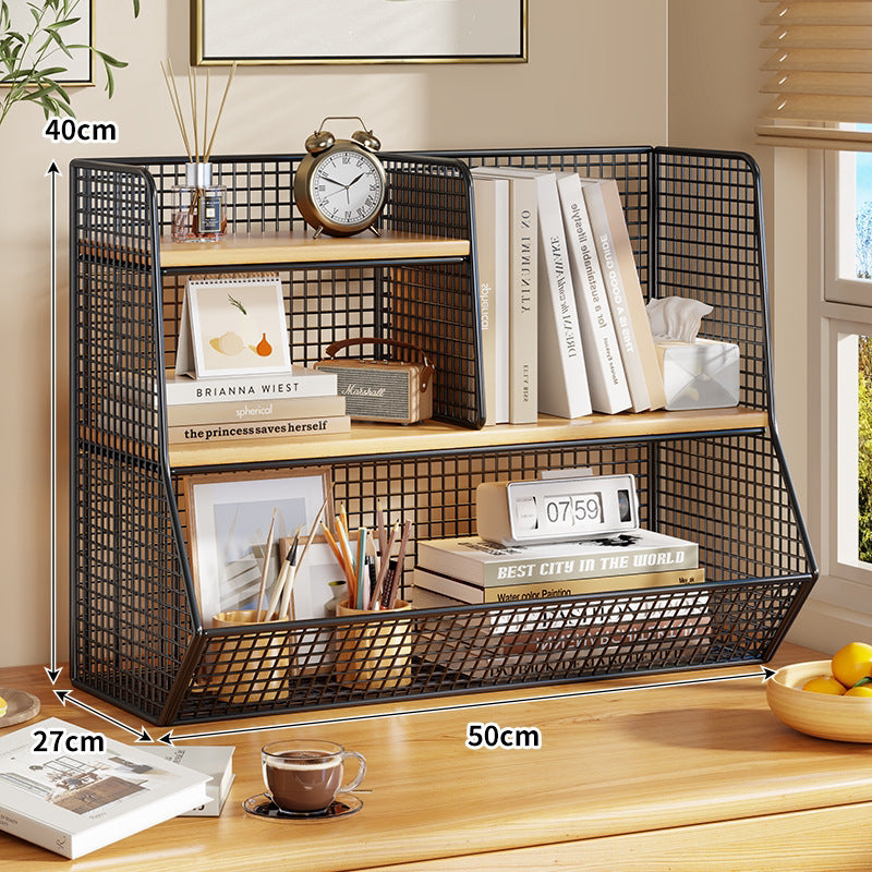 Doppel-Tier-Mesh-Metall-Schreibtisch-Organizer mit Holzregalen