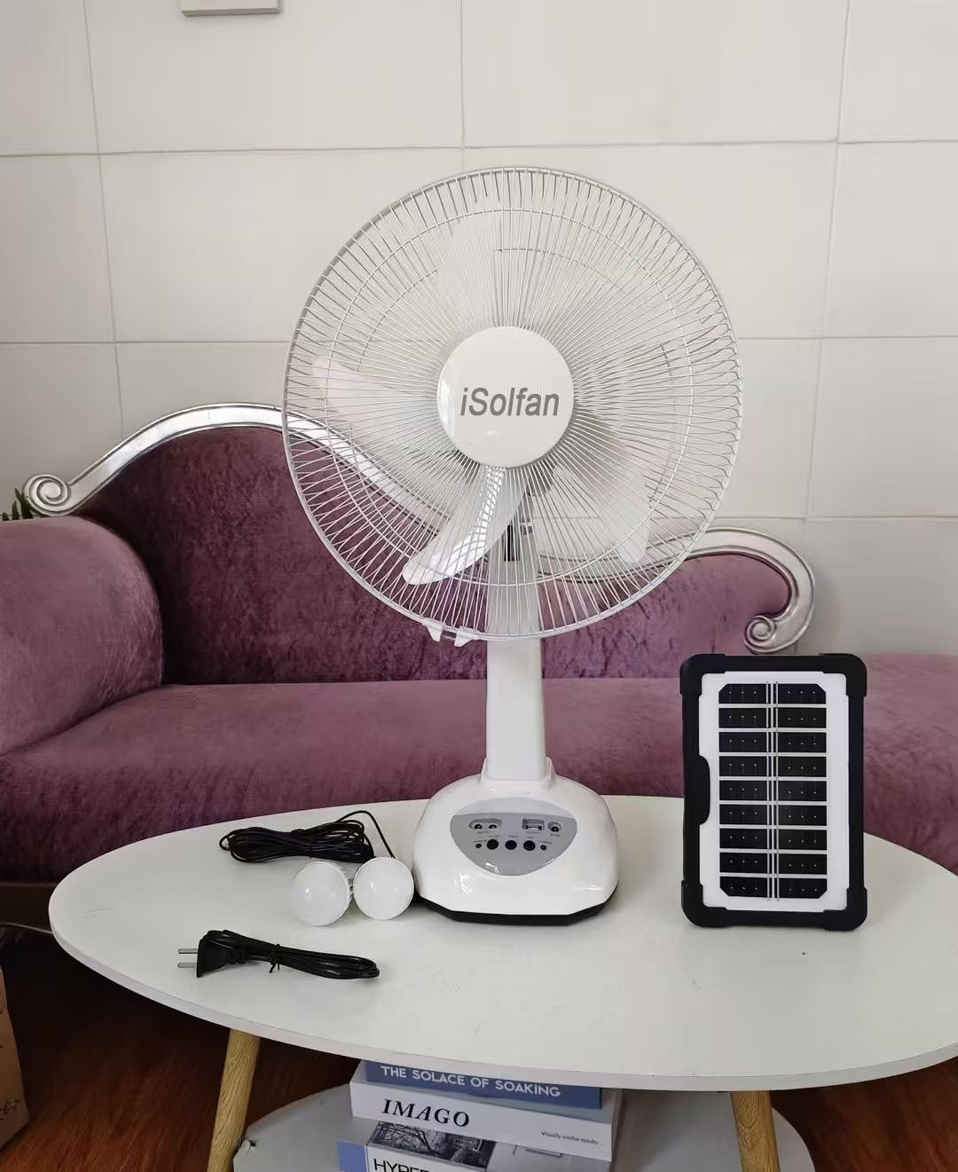 Damen tragbarer Solarstandventilator mit LED-Beleuchtung und integrierter USB-Anschluss Brehn