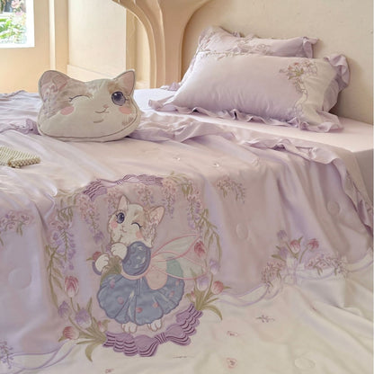 Romantisches Satin-Bettwäsche-Komplettset mit bestickter Tagesdecke und Volant