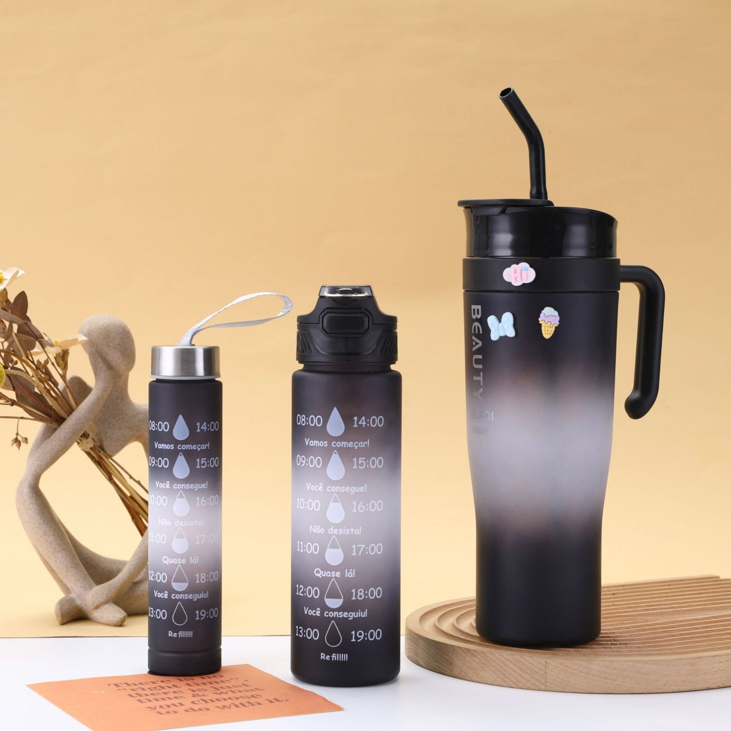 Damen stilvolle und praktische Wasserflasche mit Motiv und Zeitmarkierung Brehn