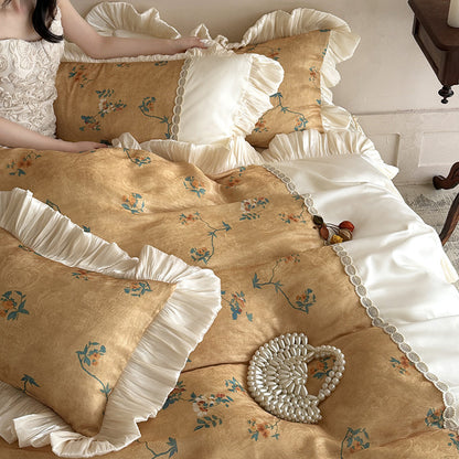 Luxuriöses Floral-Jacquard-Rüsch-Bettbezug-Set mit Spitzenbesatz