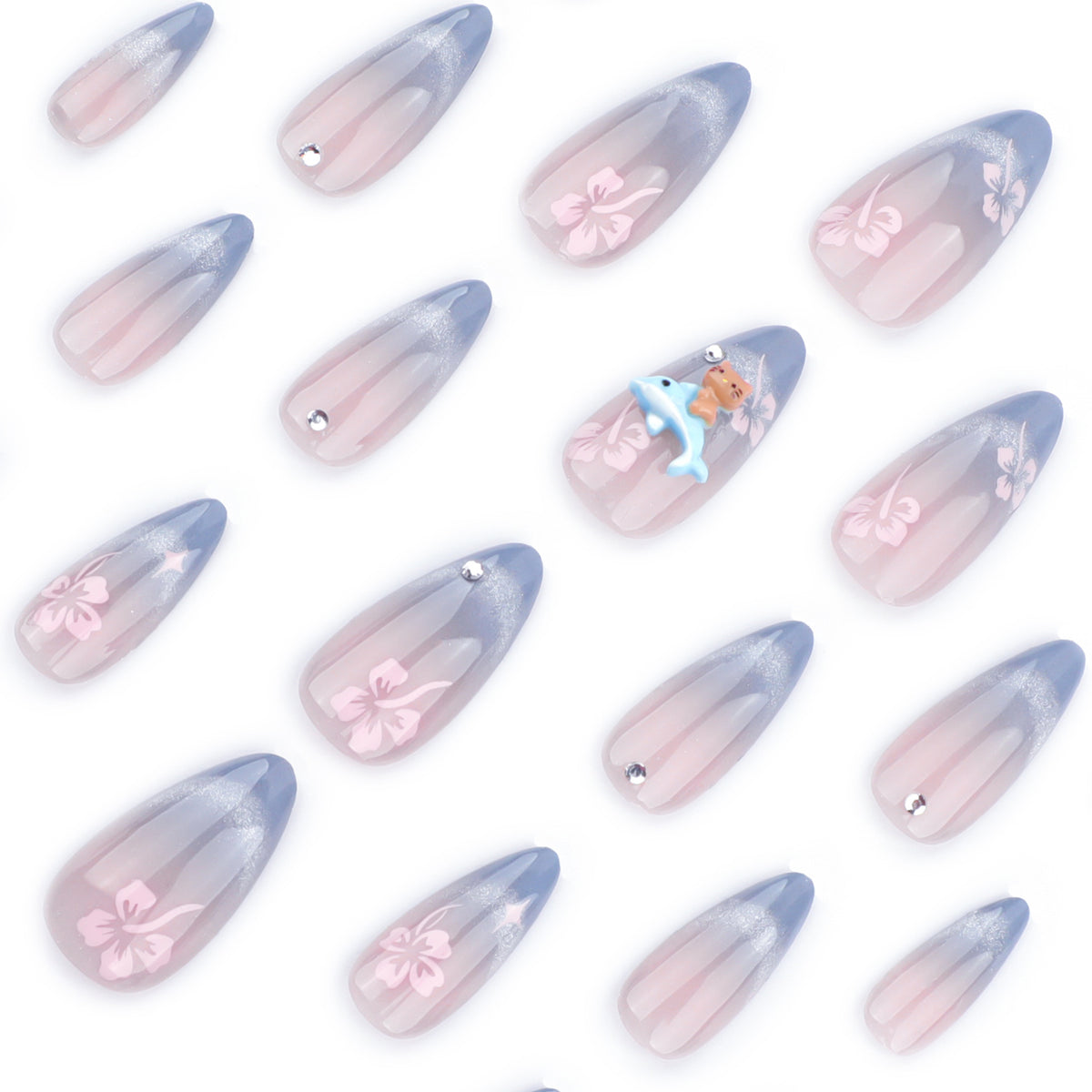 Kunstvolle Nagelverlängerungen mit elegantem Ombré-Design und floralen Akzenten Brehn