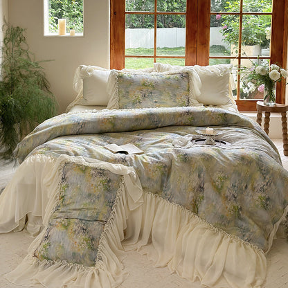 Luxus-Baumwoll-Bettwäsche-Set mit romantischen Rüschen und Aquarell-Blumenmuster