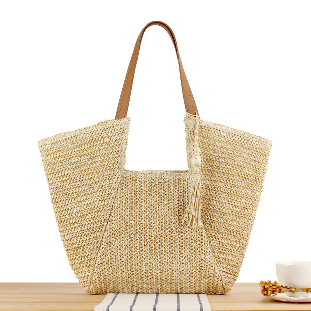 Strandtasche Aus Natürlichem Geflecht mit Eleganten Lederakzenten Brehn