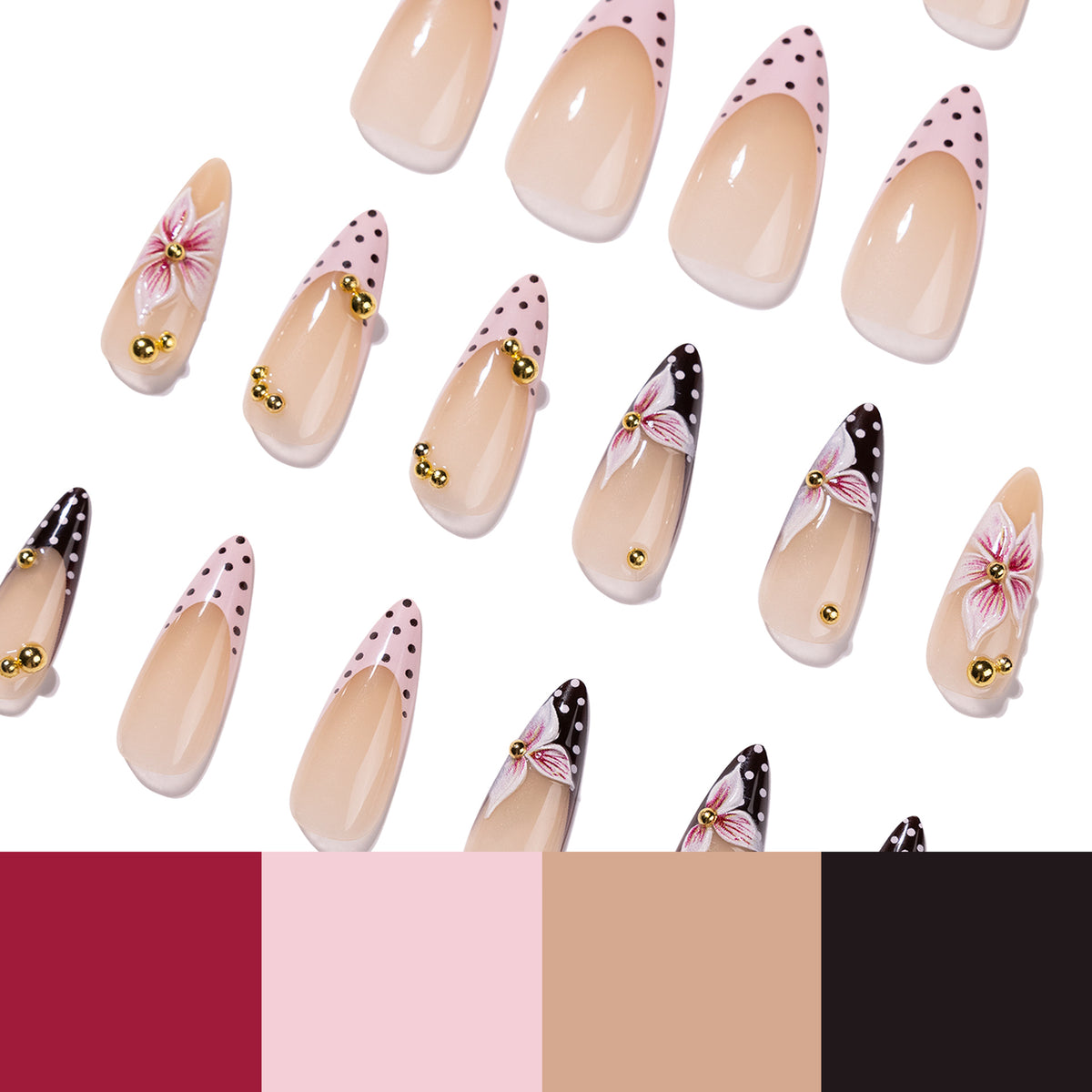 Kunstvolle Stiletto-Nägel mit floralen Akzenten und Glitzer Brehn