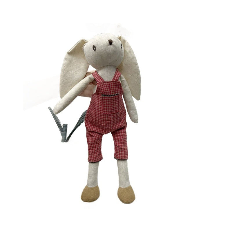 Handgefertigte Leinen-Hasenpuppe mit langen Ohren und Gingham-Latzhose