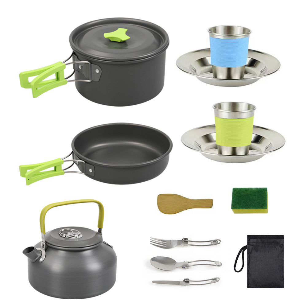 leichtes hart-anodisiertes Campinggeschirrset mit klappbaren Griffen, kompaktem Wasserkocher und Edelstahlbechern Teller Brehn