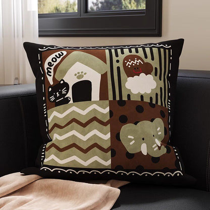 Plush Square Throw Pillow Cover with Happy Kitten Print and Hidden Zipper