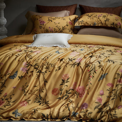 Blumen-Aquarell Satin-Feel Wendebettbezug Set mit botanischem Druck & Paspel-Kissenbezügen