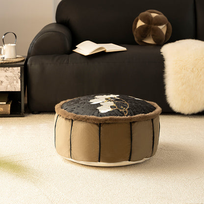 Runder gestickter Samt-Bodensitzpouf mit Kunstfell‑Borte und Griff Brehn