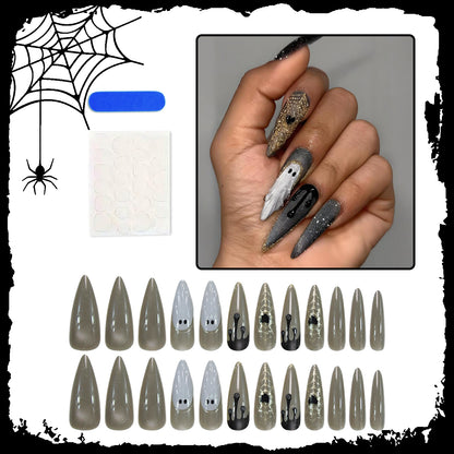 Halloween Kunstnagelset mit eleganten Geister- und Spinnenmotiven Brehn