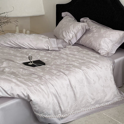 Jacquard Floral Satin-Effekt Bettbezug Set mit gewelltem Spitzenrand