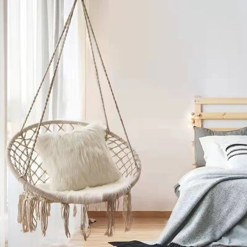 Boho Makramee hängender Sch swingstuhl mit Kunstfellkissen und Fransen Brehn