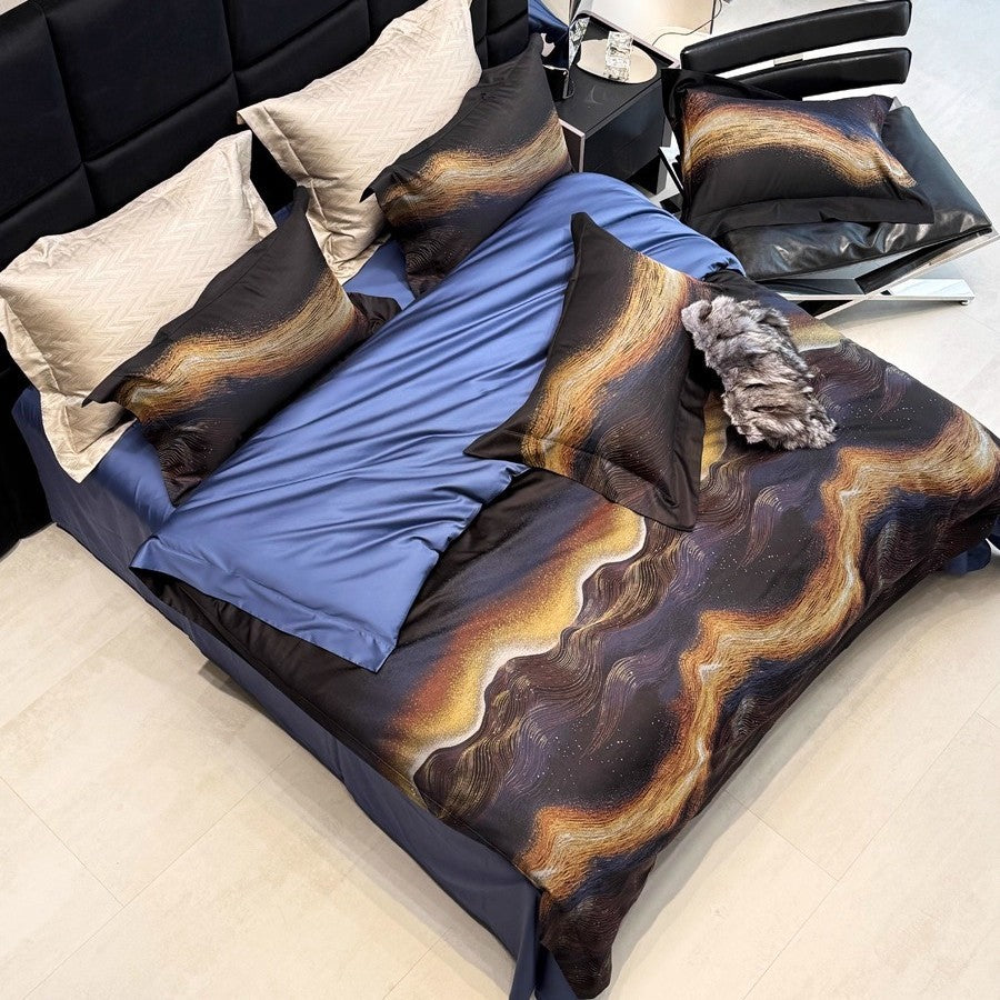 Premium Abstract Wave-Print Baumwollsatin Bettbezug Set mit Wendbarem Einfarbigem Rücken