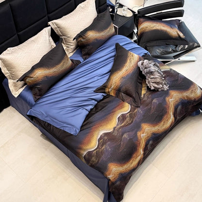 Premium Abstract Wave-Print Baumwollsatin Bettbezug Set mit Wendbarem Einfarbigem Rücken