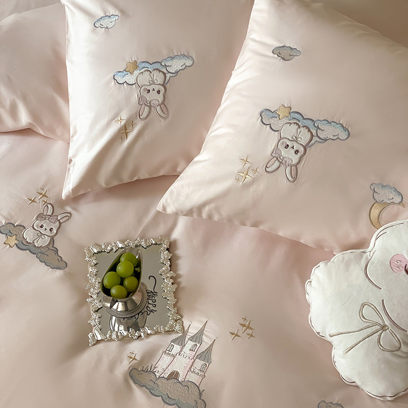Premium gesticktes Baumwoll-Bettwäsche-Set mit plüschigem Hasenmotiv