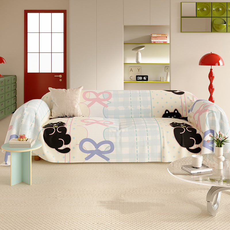 Reversible Stretch Sofa Slipcover with Pastel Cartoon Patchwork Texture