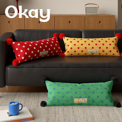 Decorative Polka Dot Lumbar Pillow with Corner Pom-Poms