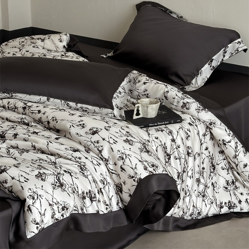 Luxuriöses Satin-Bettwäsche-Set mit floralem Aquarellprint und Satinkante