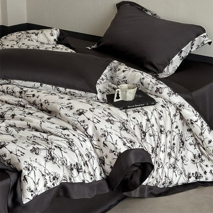 Luxuriöses Satin-Bettwäsche-Set mit floralem Aquarellprint und Satinkante