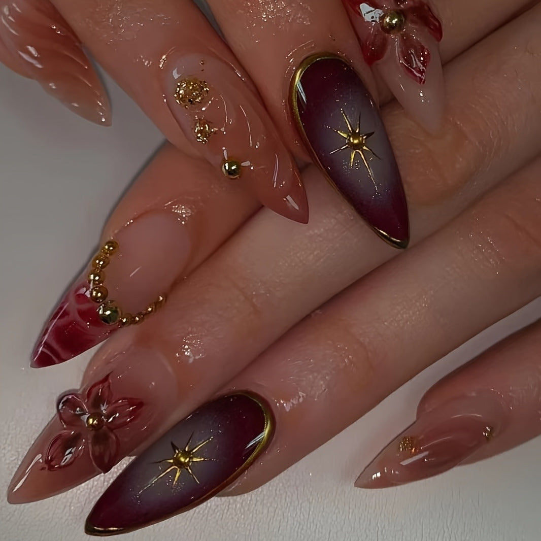 Künstlerische Stiletto-Press-On-Nägel mit floralen und sternförmigen Designs Brehn
