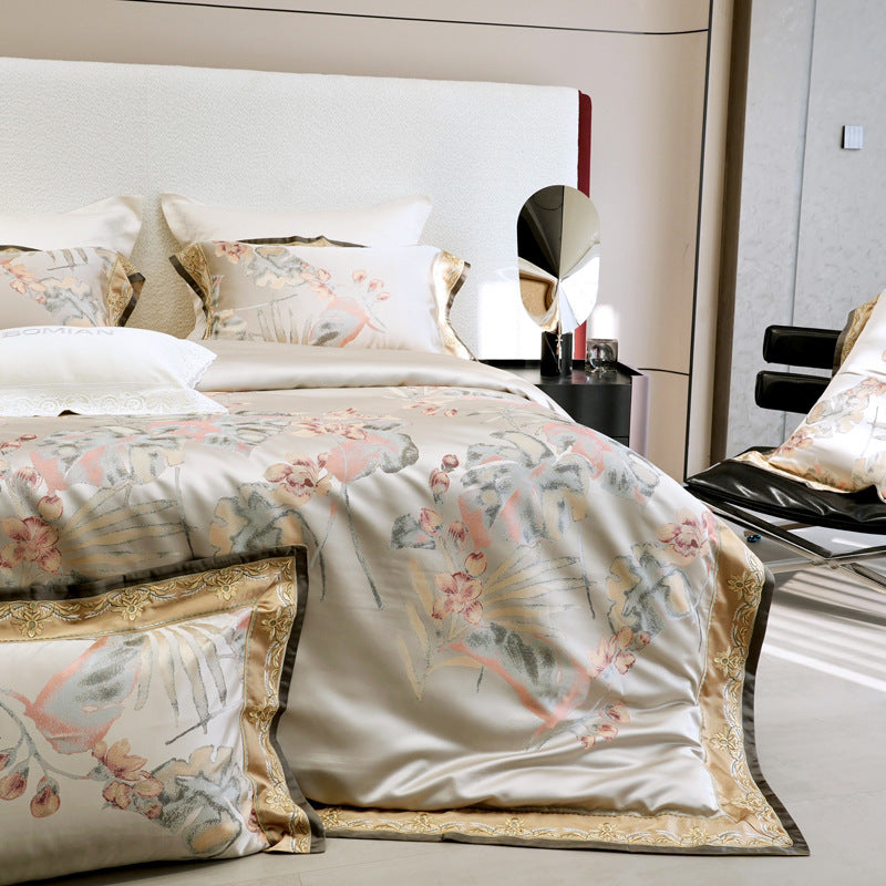 Luxuriöses botanisches Satin-Gefühl Bettbezug-Set mit gesticktem goldenen Rand und umkehrbarem Satinrücken
