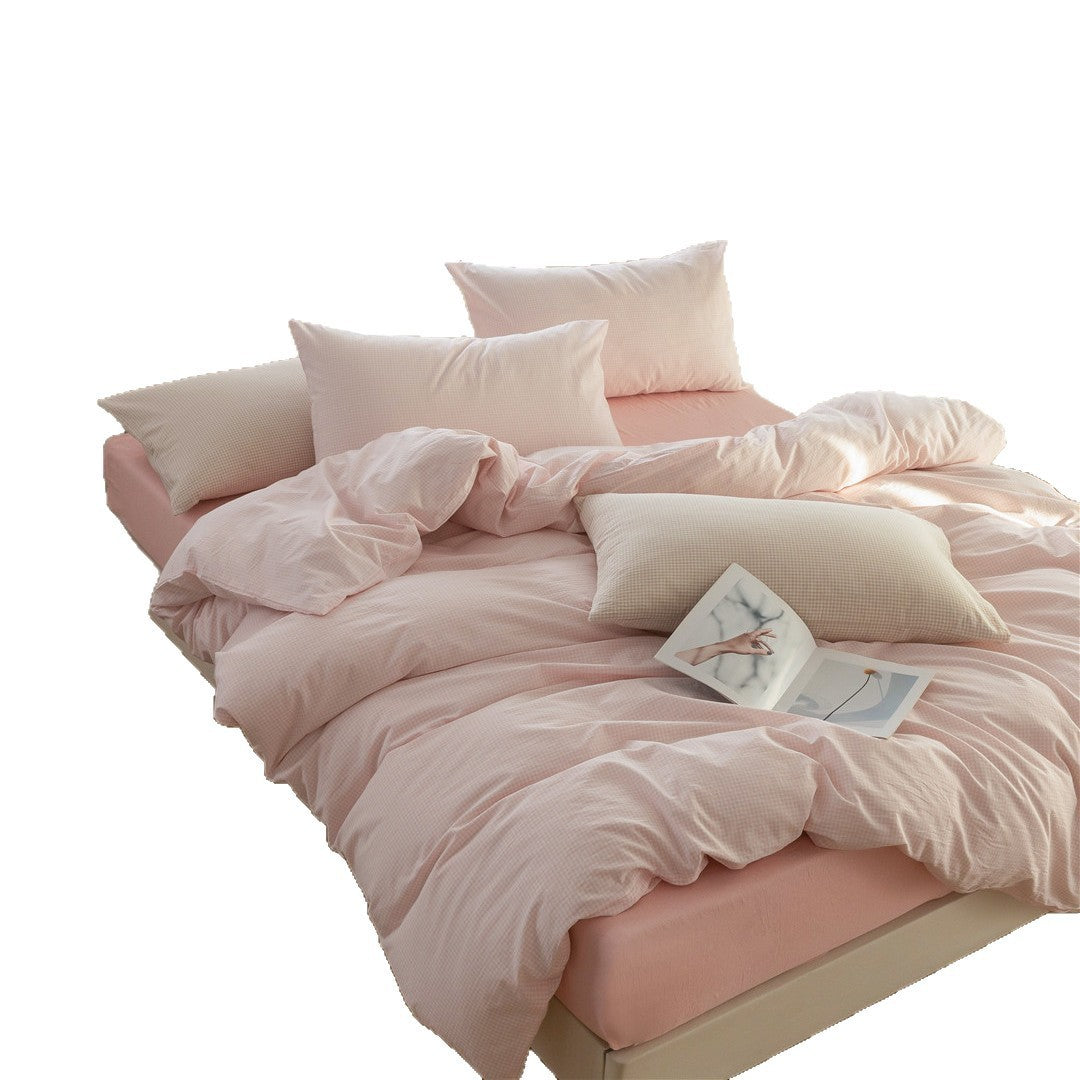 Umkehrbare Baumwoll-Satin Gingham Bettbezug Bettwäsche Set mit tiefem Laken und Umschlag-Kissenbezügen