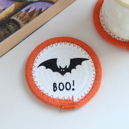Runde Filz- und Baumwoll-Untersetzer mit gesticktem Halloween-Spukhausmotiv