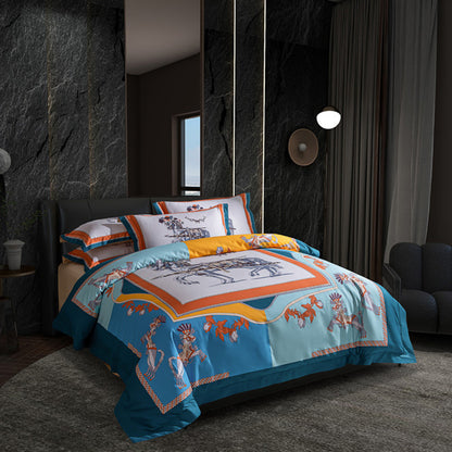 Bedrucktes Reiter-Cotton-Satin-Bettbezug-Set mit blauen Kissenbezügen